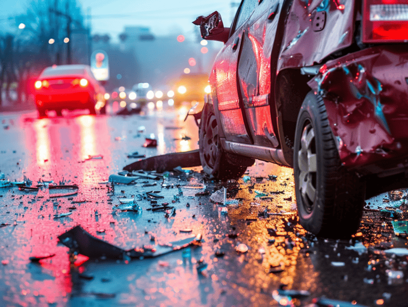 Car accident scene with shattered glass and debris on a wet road.